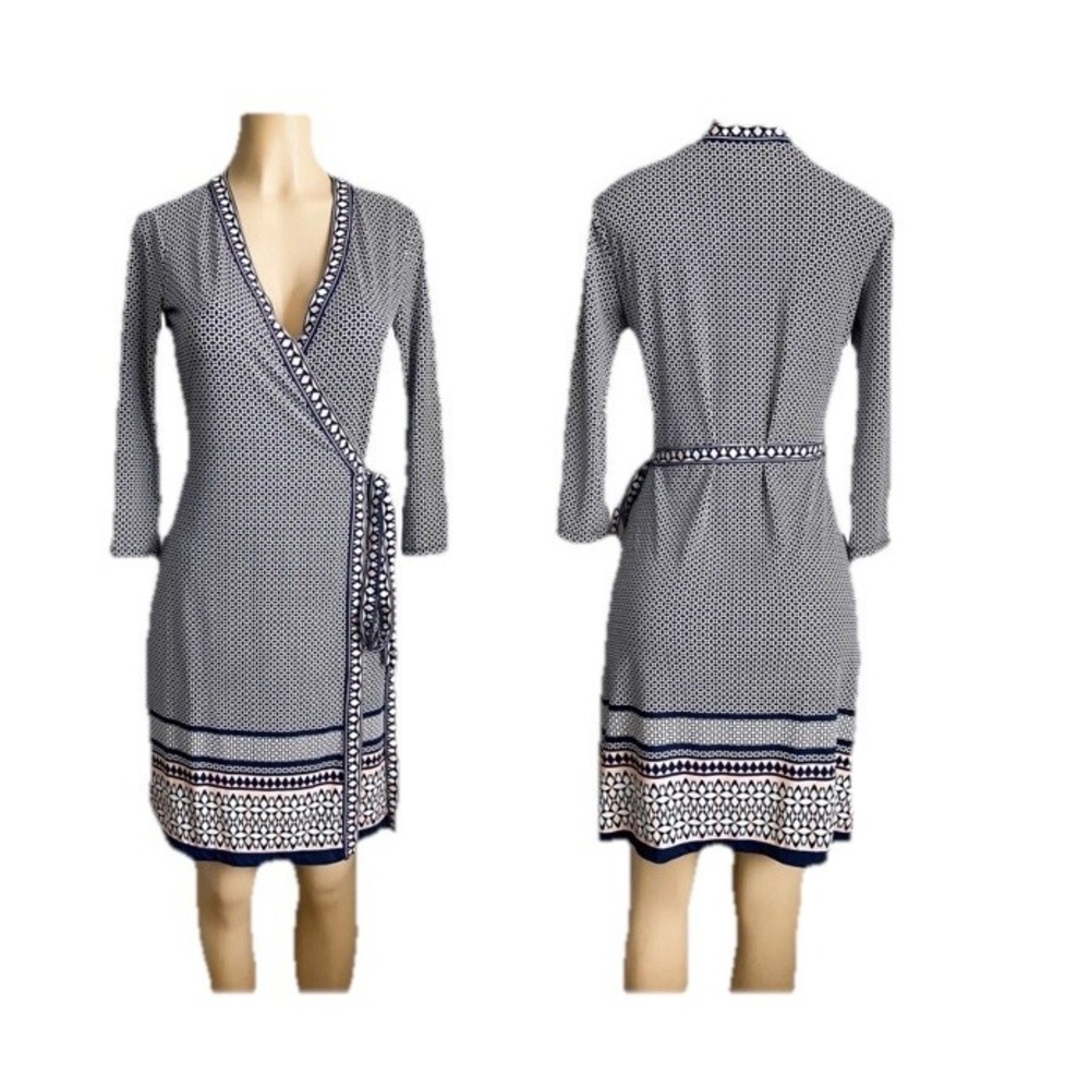Max Studio Wrap Dress Woman L Geometric Print 3/4 Sleeve Navy Stretch‎